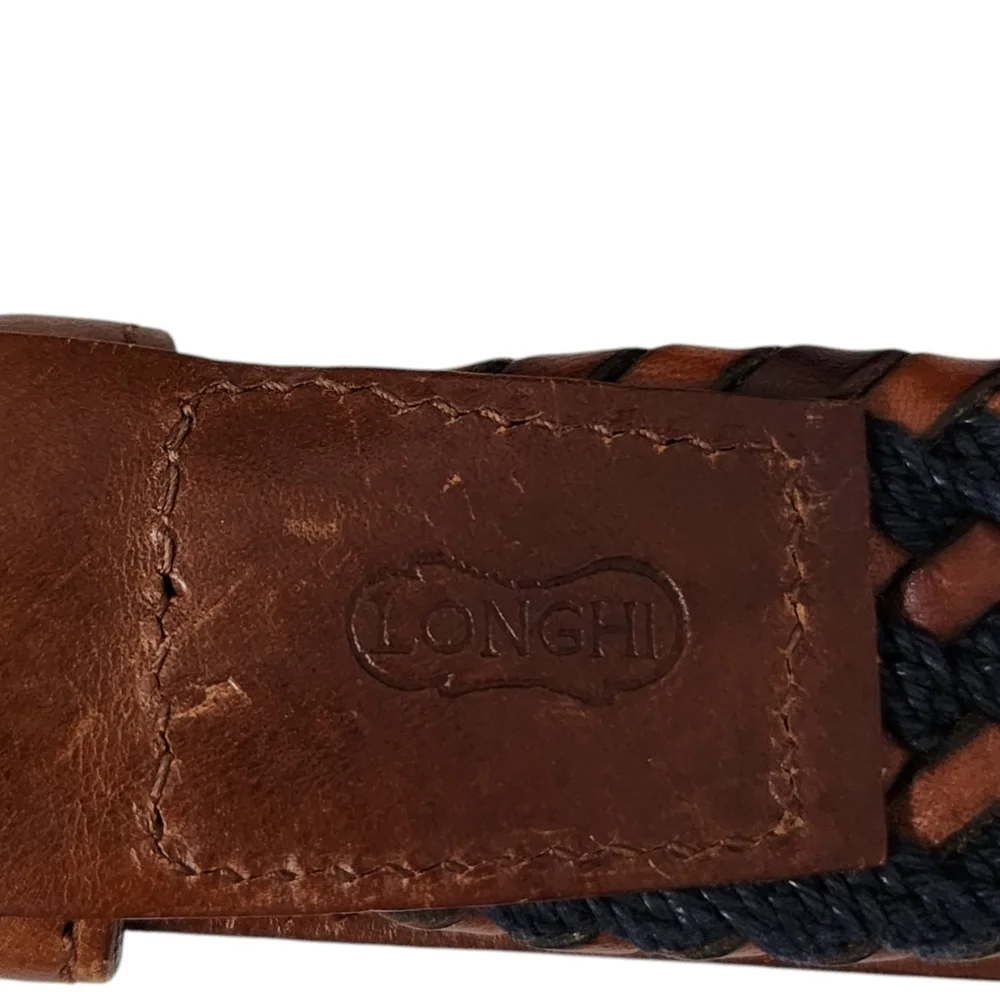 Longhi Belt Mens 40 Brown Blue Braided Woven Stretch Made‎ In Italy Solid Brass